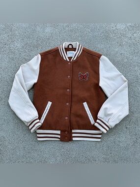 Butterfly Patch Varsity Jacket in Brown and Cream